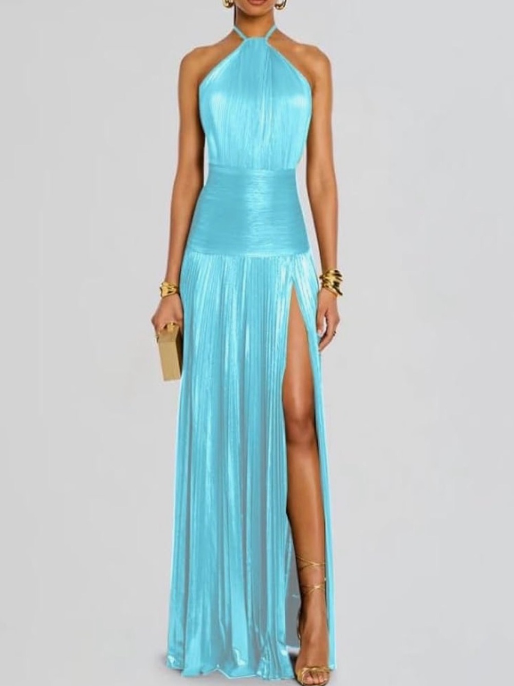 Revolve- Elegant Halter High-Slit Evening Gown - Light Blue